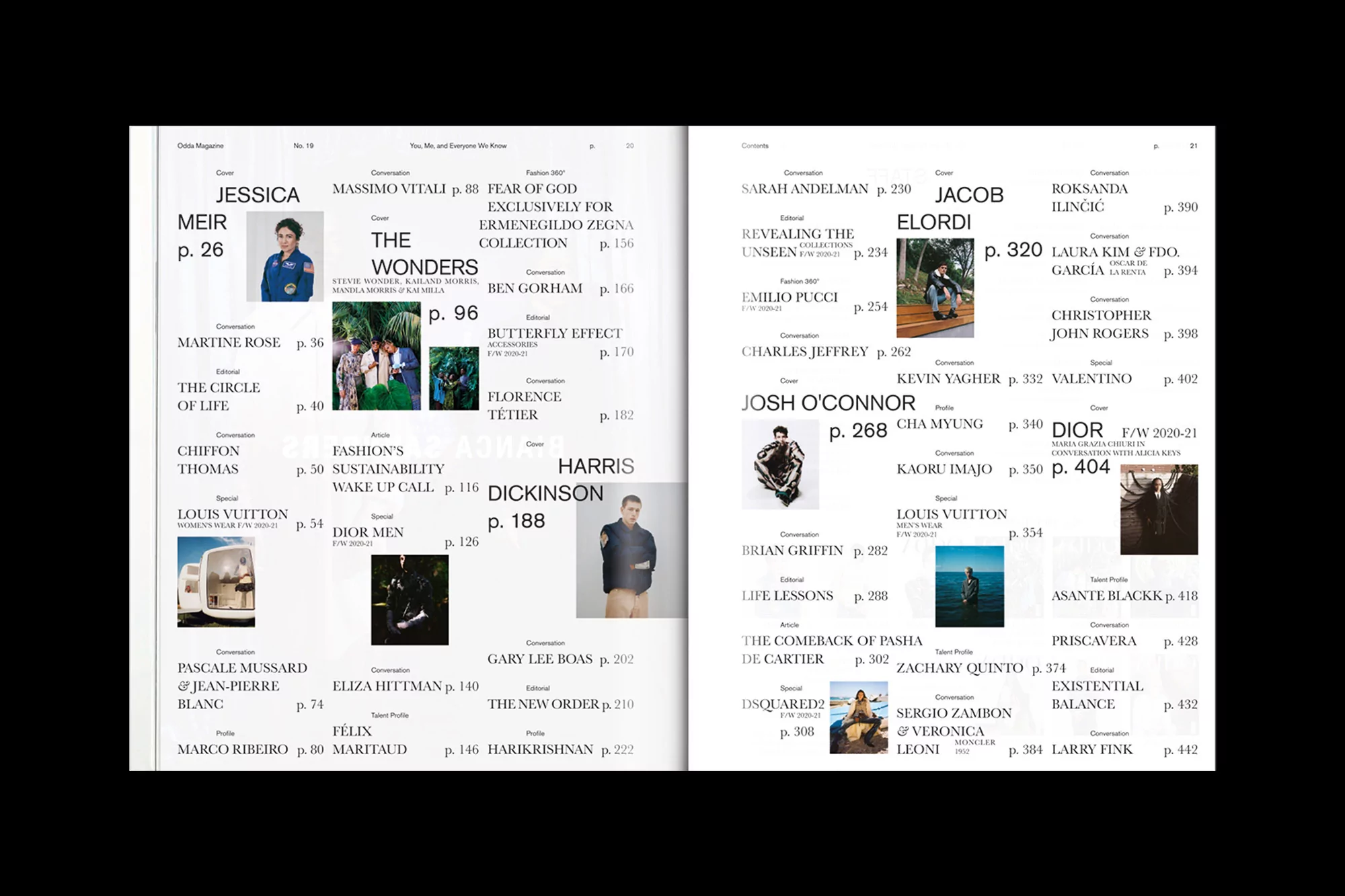 Spread of ODDA magazine featuring typographic layout, index listings, and small editorial image inserts across two pages