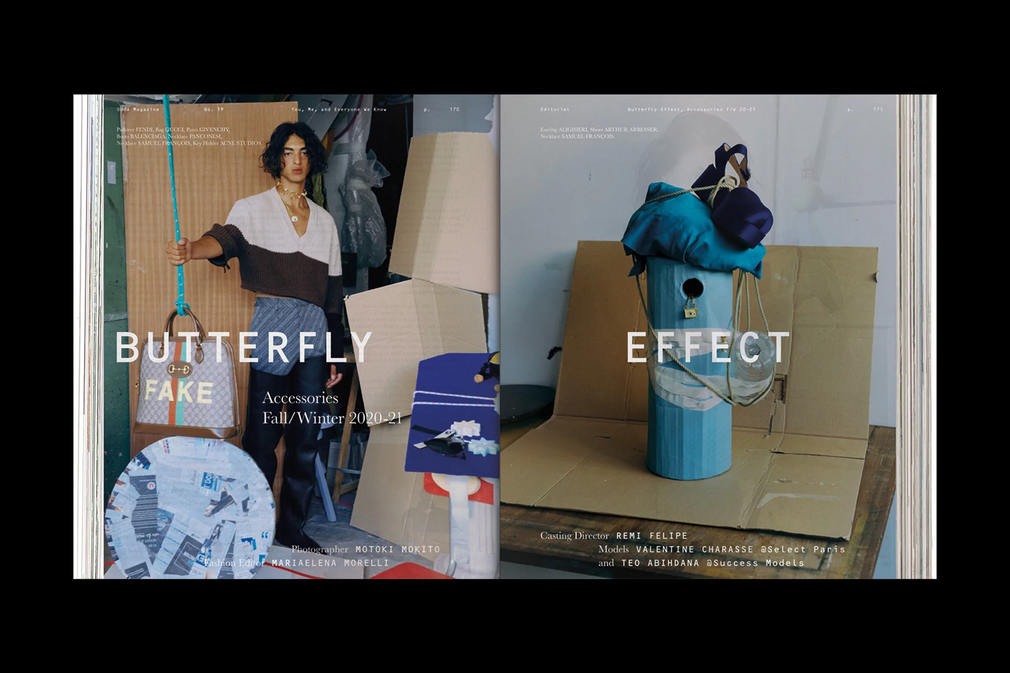 Fashion magazine spread featuring a model, handbags, and clothing from Fall/Winter 2020-21 accessories collection in a studio setting.