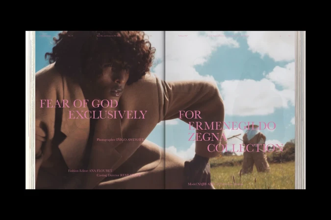 Magazine spread featuring a model in a tan coat, contrasted by a field scene with a person in matching outfit and a windmill in background.