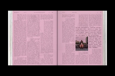 Spread from ODDA Magazine with pink pages featuring text columns and an editorial photograph of a model in a landscape.