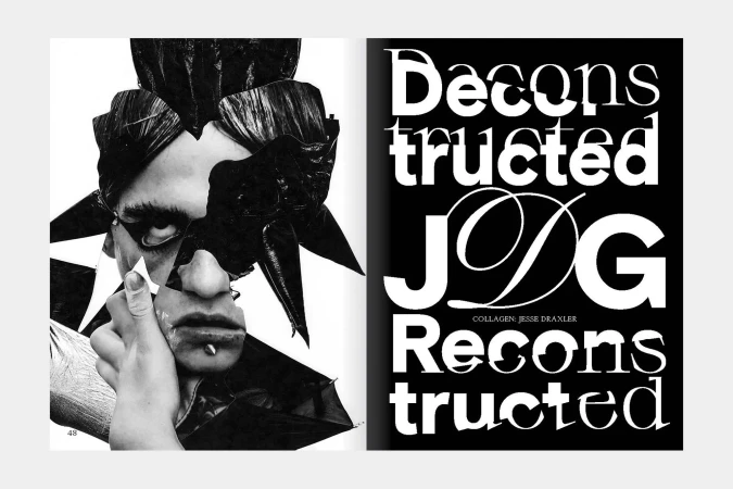 Monochrome collage art piece featuring a deconstructed human face with typography spelling out 'Deconstructed' and 'Reconstructed'.