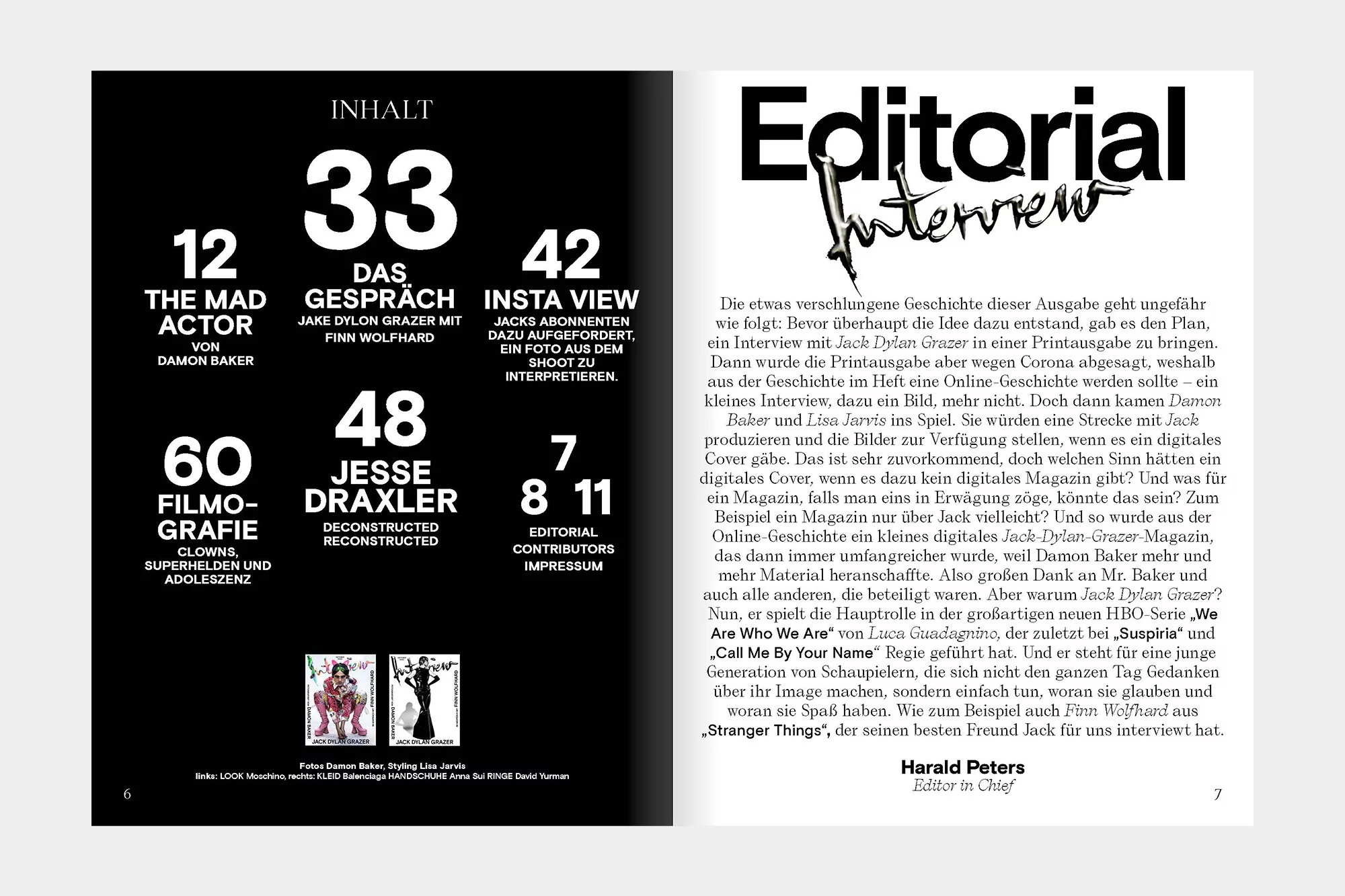 Magazine spread featuring article titles, page numbers, and names of people, set against a contrasting black and white background, with striking typography.