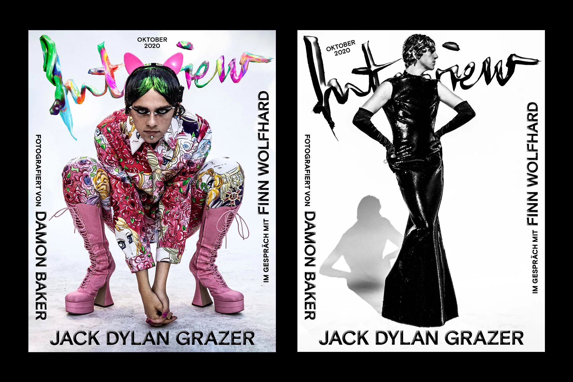 Two Interview magazine covers, one featuring Jack Dylan Grazer in floral attire and pink boots, the other in a black dress and gloves.