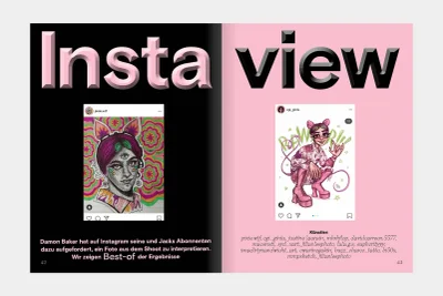 Magazine double-page spread for Interview Magazine Germany featuring stylized portrait illustrations in simulated Instagram frames with bold pink typography.