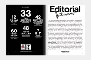 Spread from Interview Magazine Germany showing a table of contents and editorial article text in black and white.