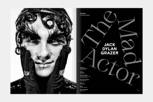 Close-up portrait of Jack Dylan Grazer with nose rings and gloves against a white background, featured in Interview Magazine Germany.