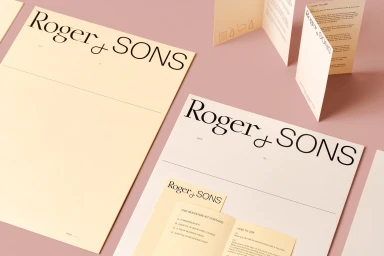 Branded stationery set with cream paper and black typography for Roger and Sons on a pink surface