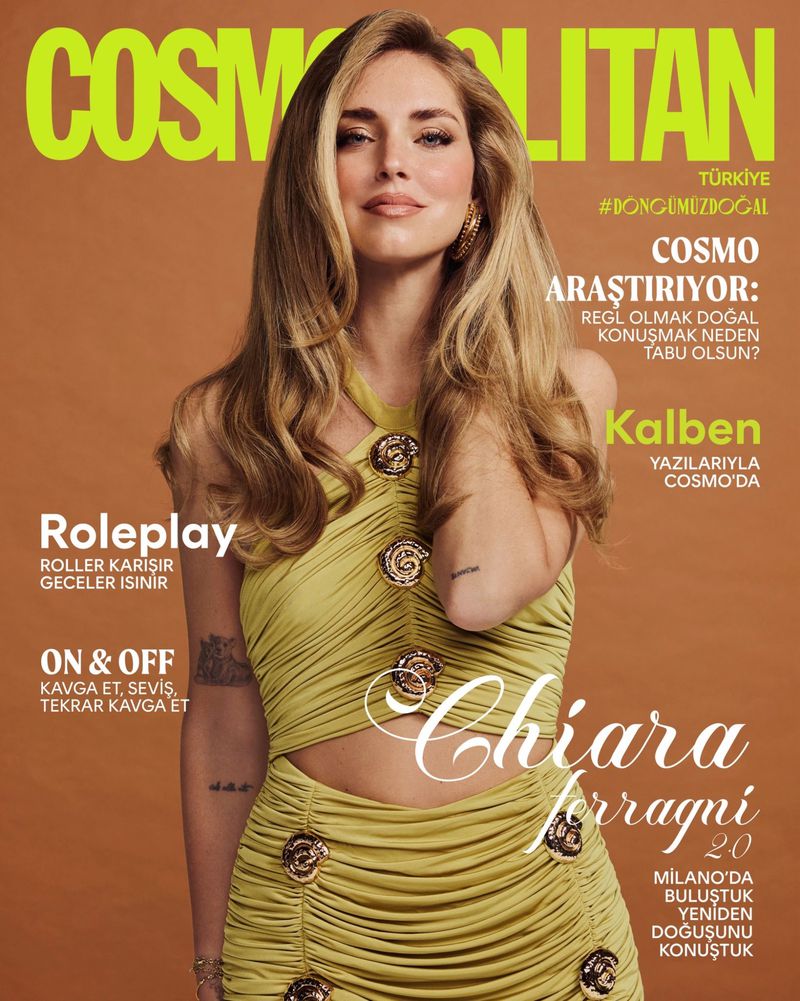 Cosmopolitan Turkey cover featuring Chiara Ferragni in a yellow dress. Head and shoulders view, blonde hair, light skin, indoor photo studio setting.