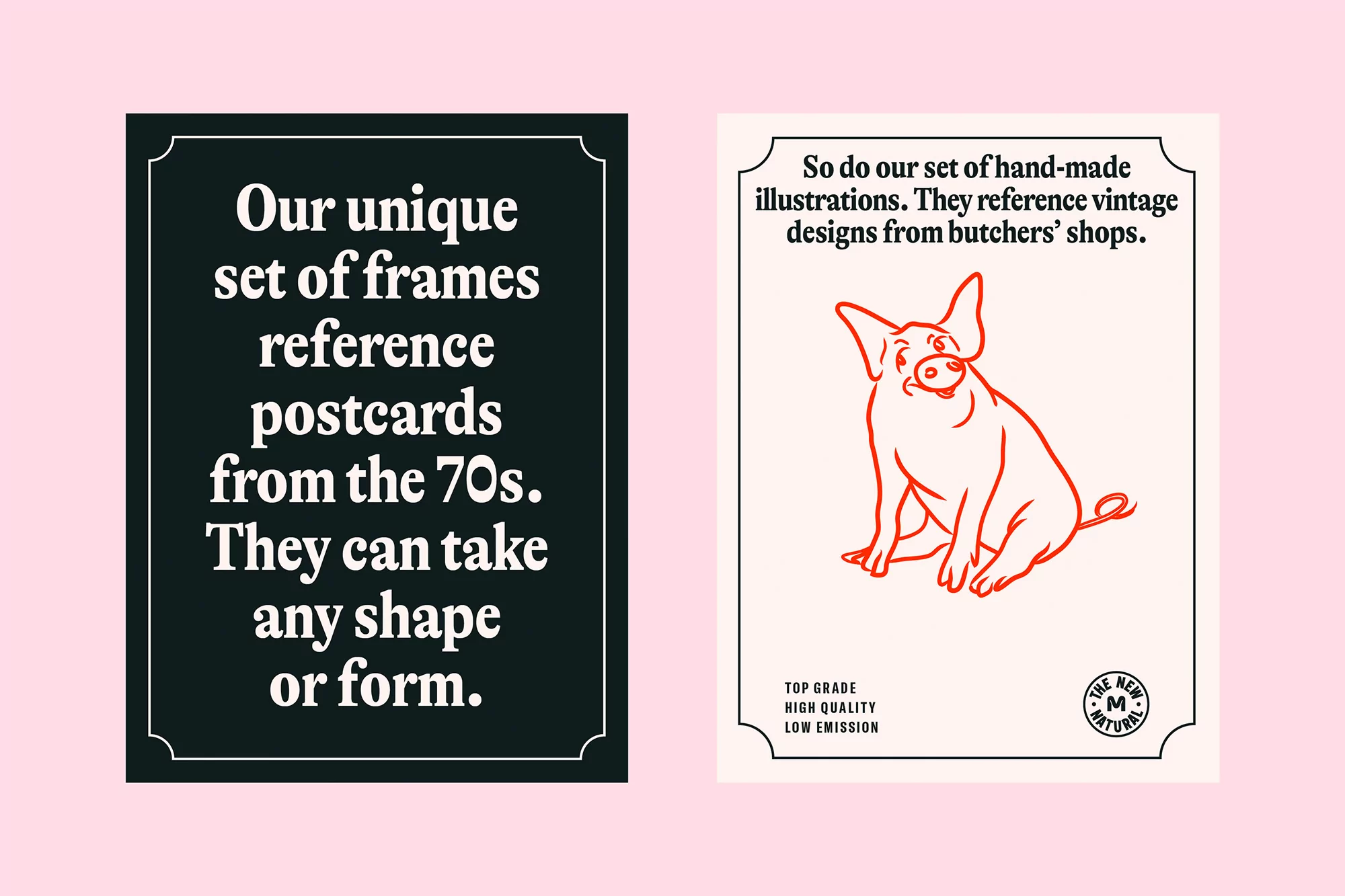 Vintage-inspired prints featuring illustrations and text. One print displays text in a dark frame, the other has a pig drawing.