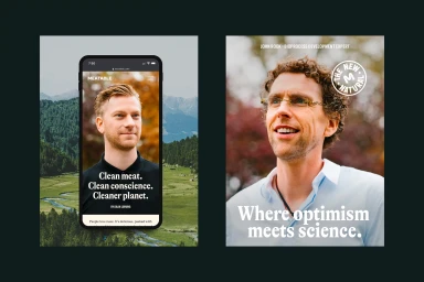 Meatable brand identity showcasing digital and print layouts with portraits of team members against a lush natural landscape.
