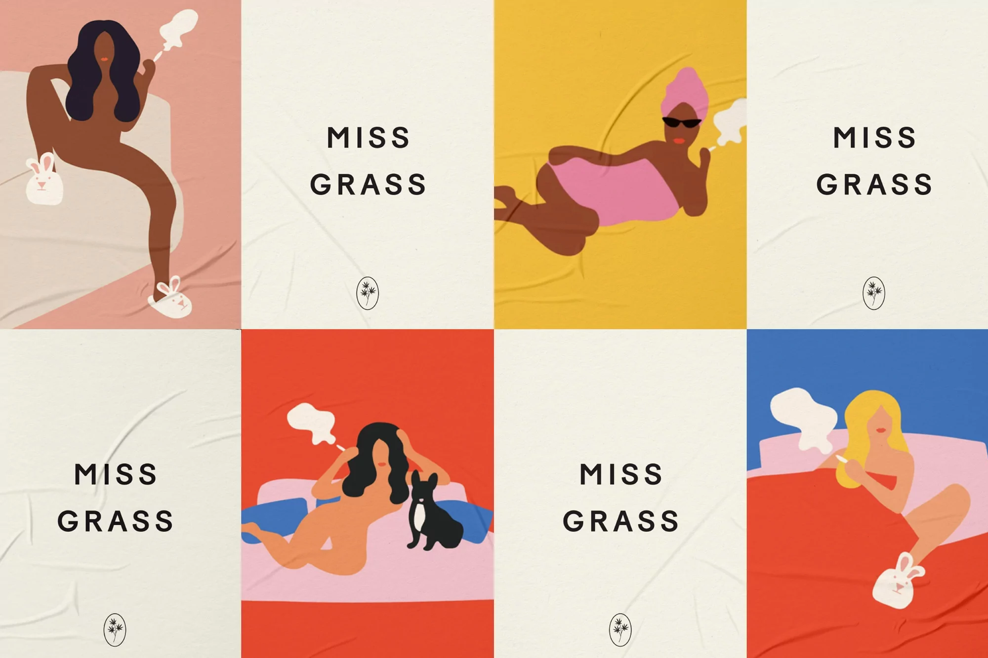 Illustration of women in various poses, wearing bunny slippers, juxtaposed with 'Miss Grass' text on patterned background.