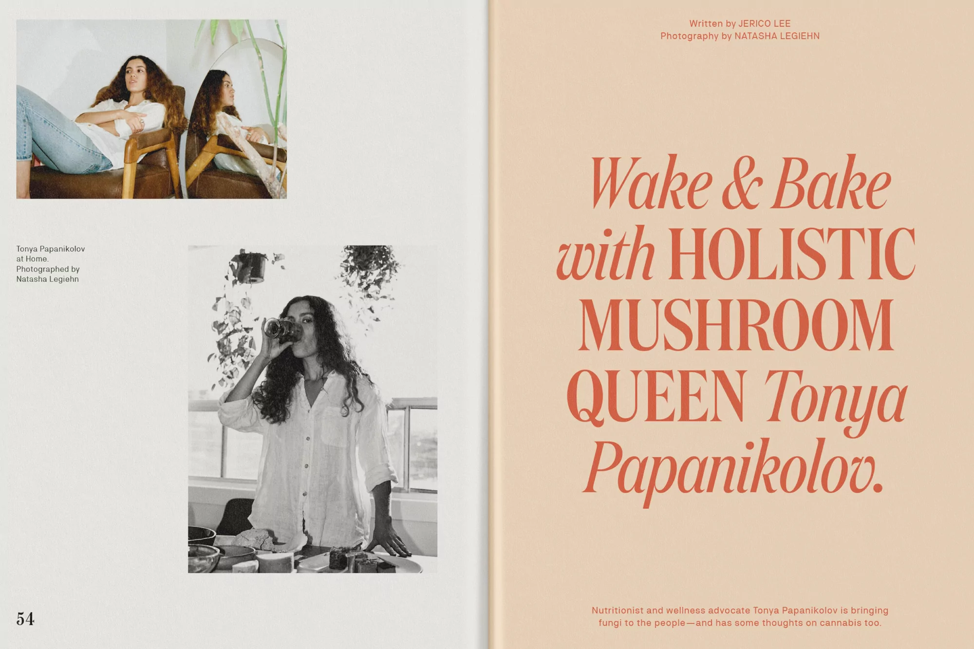 Magazine spread featuring an indoor portrait of a woman in a chair and an in-home food preparation scene in black and white.