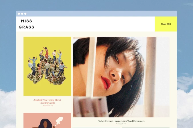 Website for Miss Grass features a collage with people, a close-up of a woman's face, and the brand logo against a sky background.