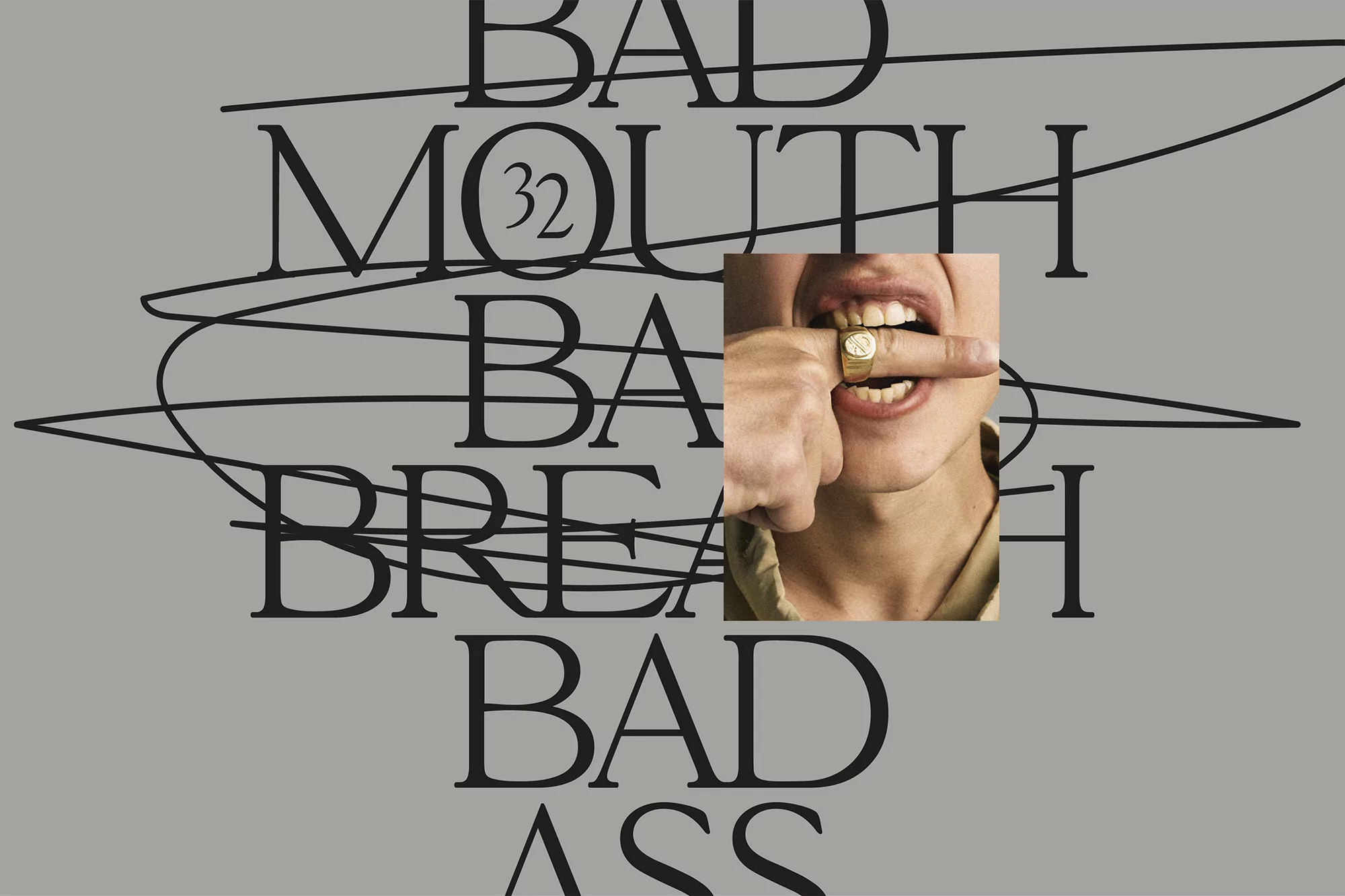 Conceptual image with a hand inserting finger into mouth, gold ring, and overlapping typography against a grey background.