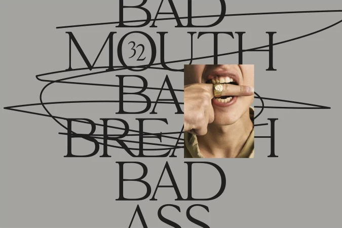 Conceptual image with a hand inserting finger into mouth, gold ring, and overlapping typography against a grey background.