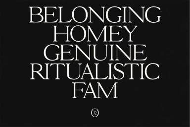 Bold white typography on a black background reading BELONGING HOMEY GENUINE RITUALISTIC FAM with a circled number thirty-two below.