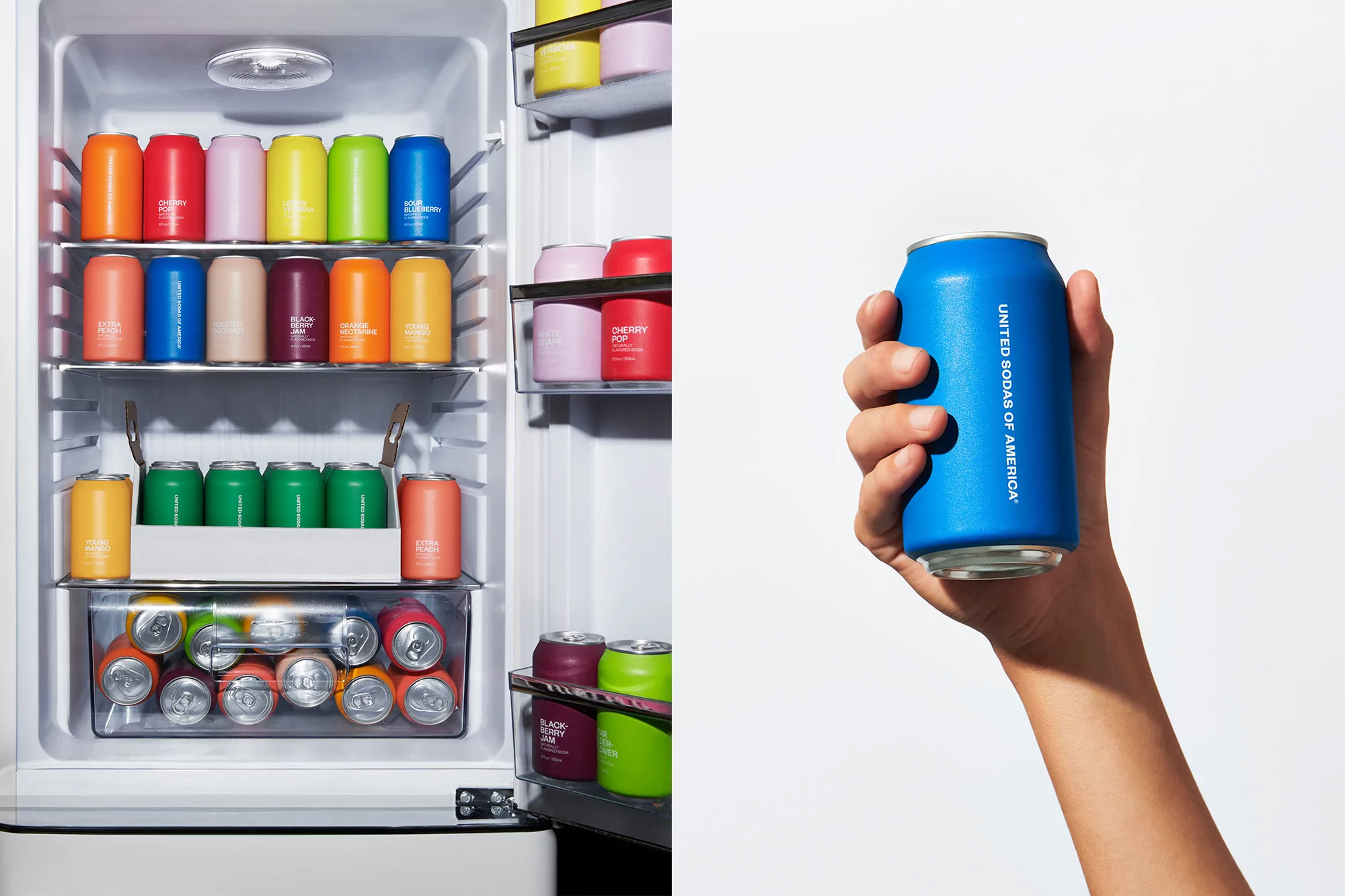 A refrigerator stocked with colorful cans of United Sodas, and a hand holding a blue can of soda against a white background.