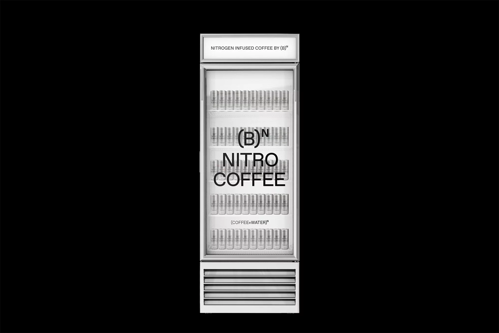 Refrigerated display case filled with cans of nitrogen-infused coffee, featuring the brand logo and minimal design against a black backdrop.