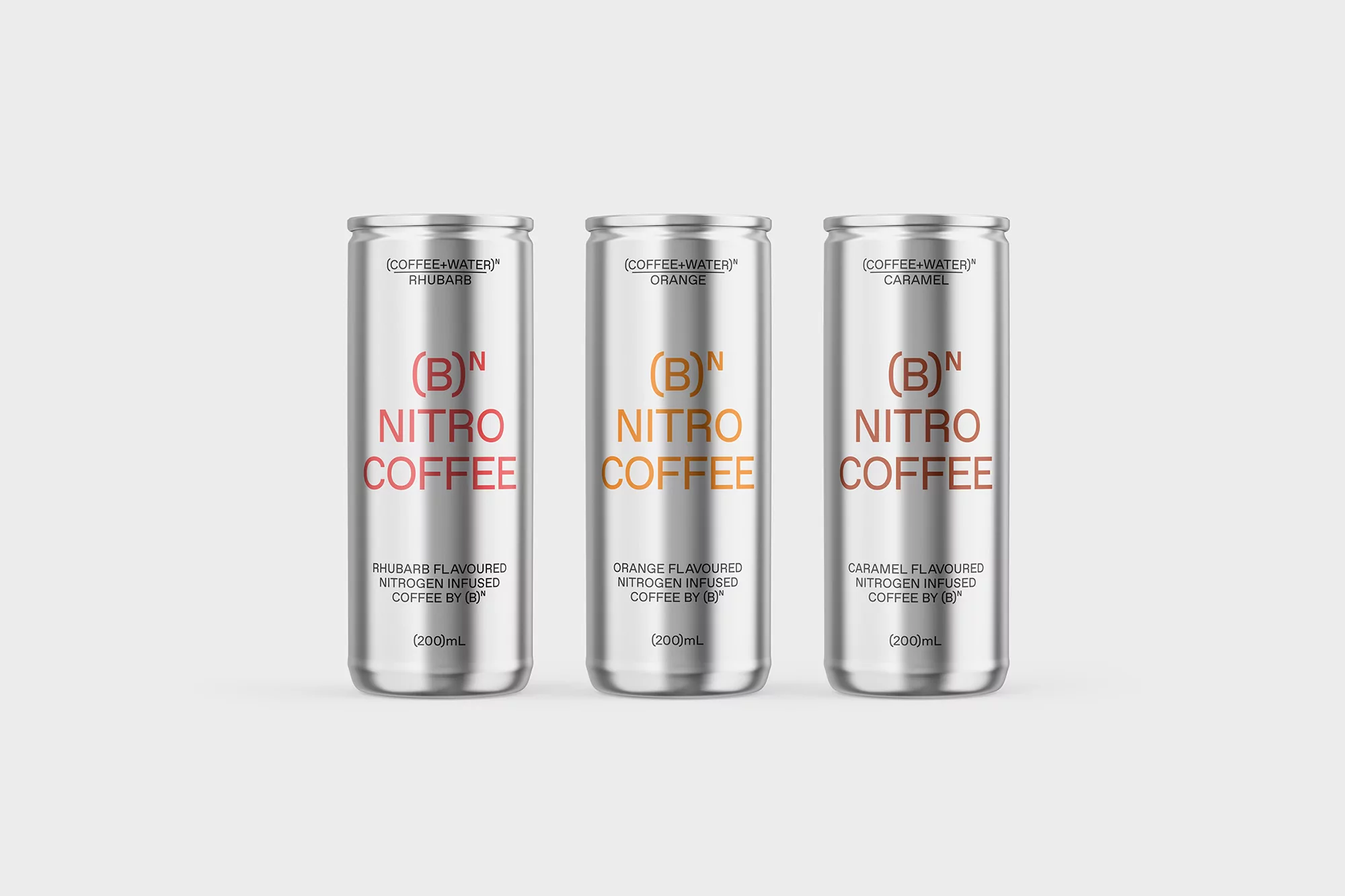 Three silver cans of (B) Nitro Coffee in Rhubarb, Orange, and Caramel flavors stand against a white background in a studio product shot.