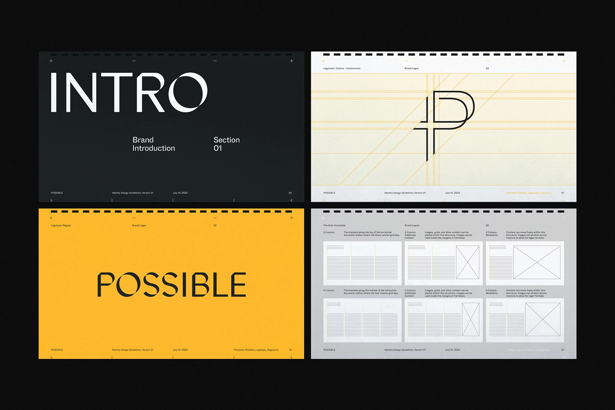 Presentation of brand guide pages including introduction, logo construction, brand application, and layout examples on a black background.