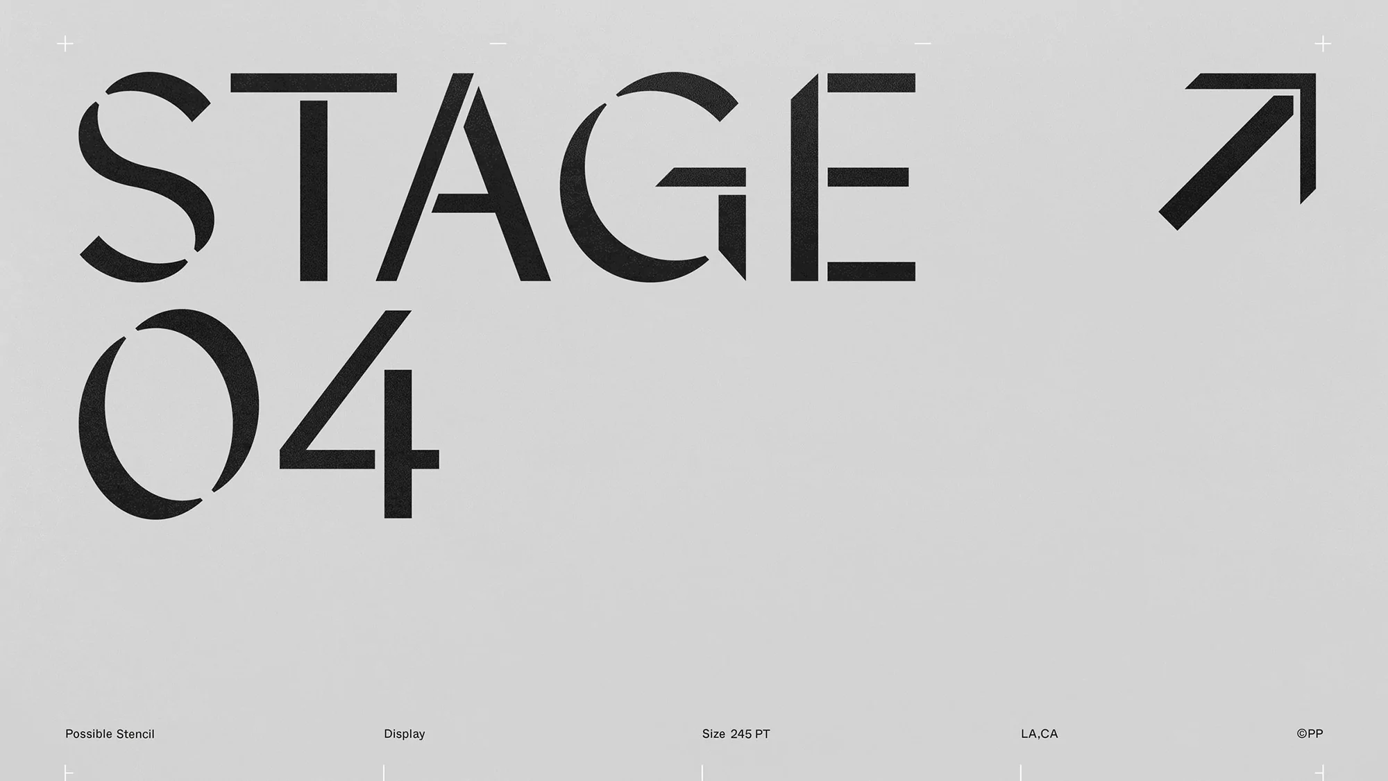 Graphic design featuring the word 'STAGE 04' in a stencil-style font, accompanied by a diagonally oriented arrow, set against a neutral background.