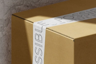 Cardboard shipping box sealed with printed packaging tape reading Possible against a textured stone wall background.