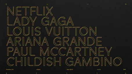 Typography graphic displaying names like NETFLIX, LADY GAGA, and LOUIS VUITTON in gold outline font on a dark textured background.