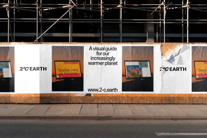 Climate change posters on a city street featuring environmental messages. Visual guide about the increasingly warmer planet on display.