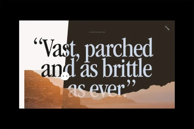 Graphic design layout with large serif typography displaying the quote Vast parched and as brittle as ever over a desert landscape image