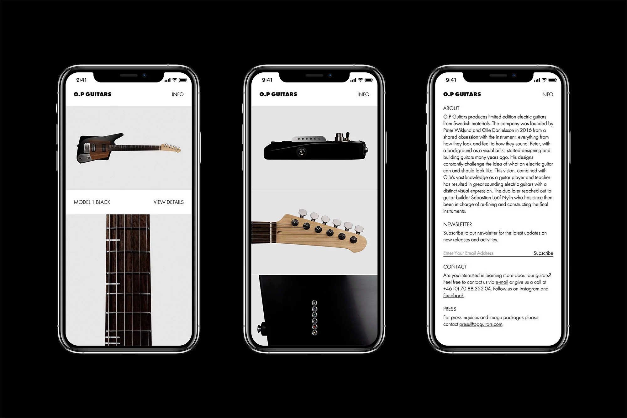 O.P Guitars website displayed on three iPhones showing electric guitars, company info, and newsletter subscription options.
