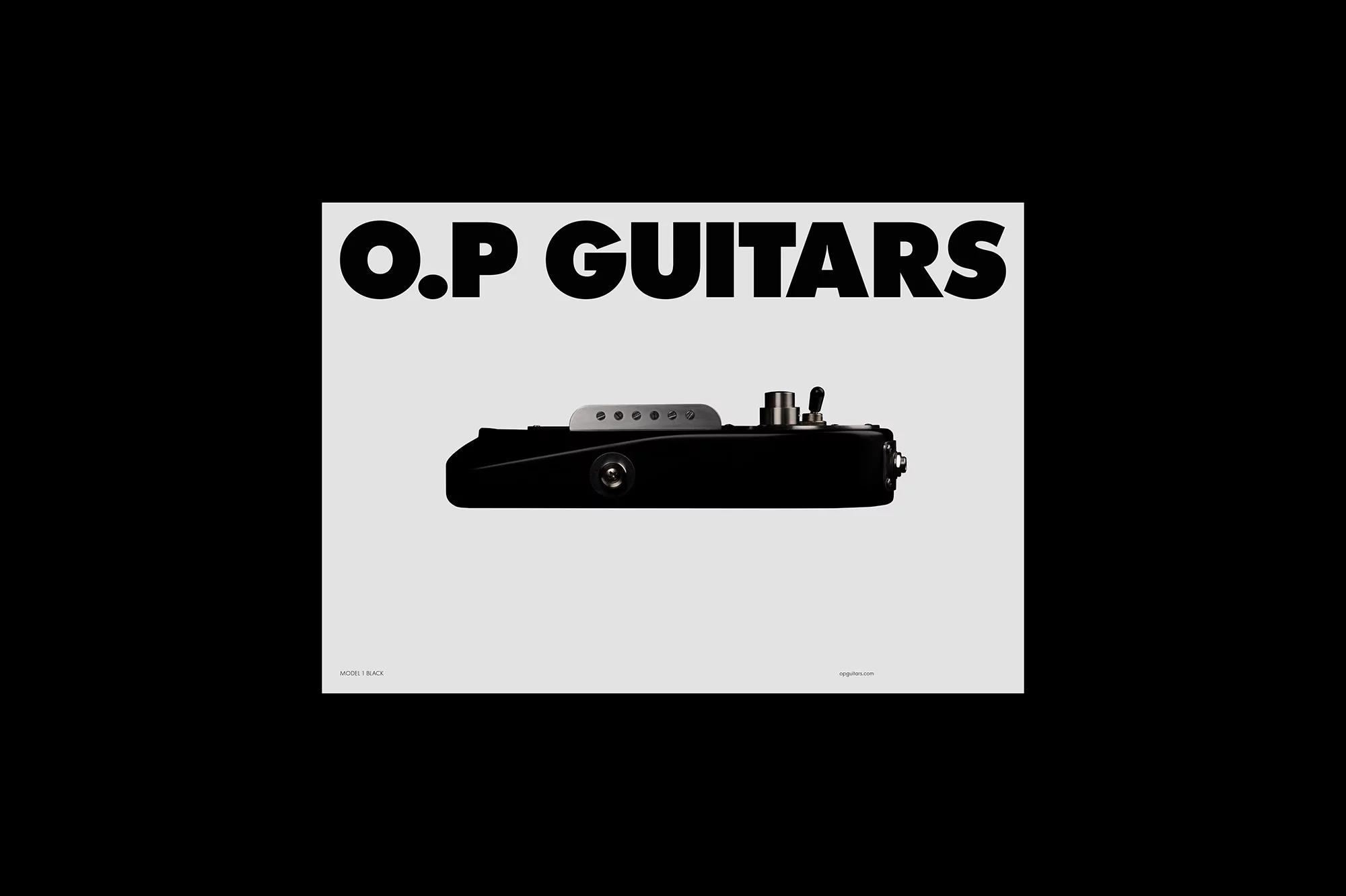 Black O.P. Guitars effects pedal on a light gray surface, captured in a studio product shot with graphic design text elements.