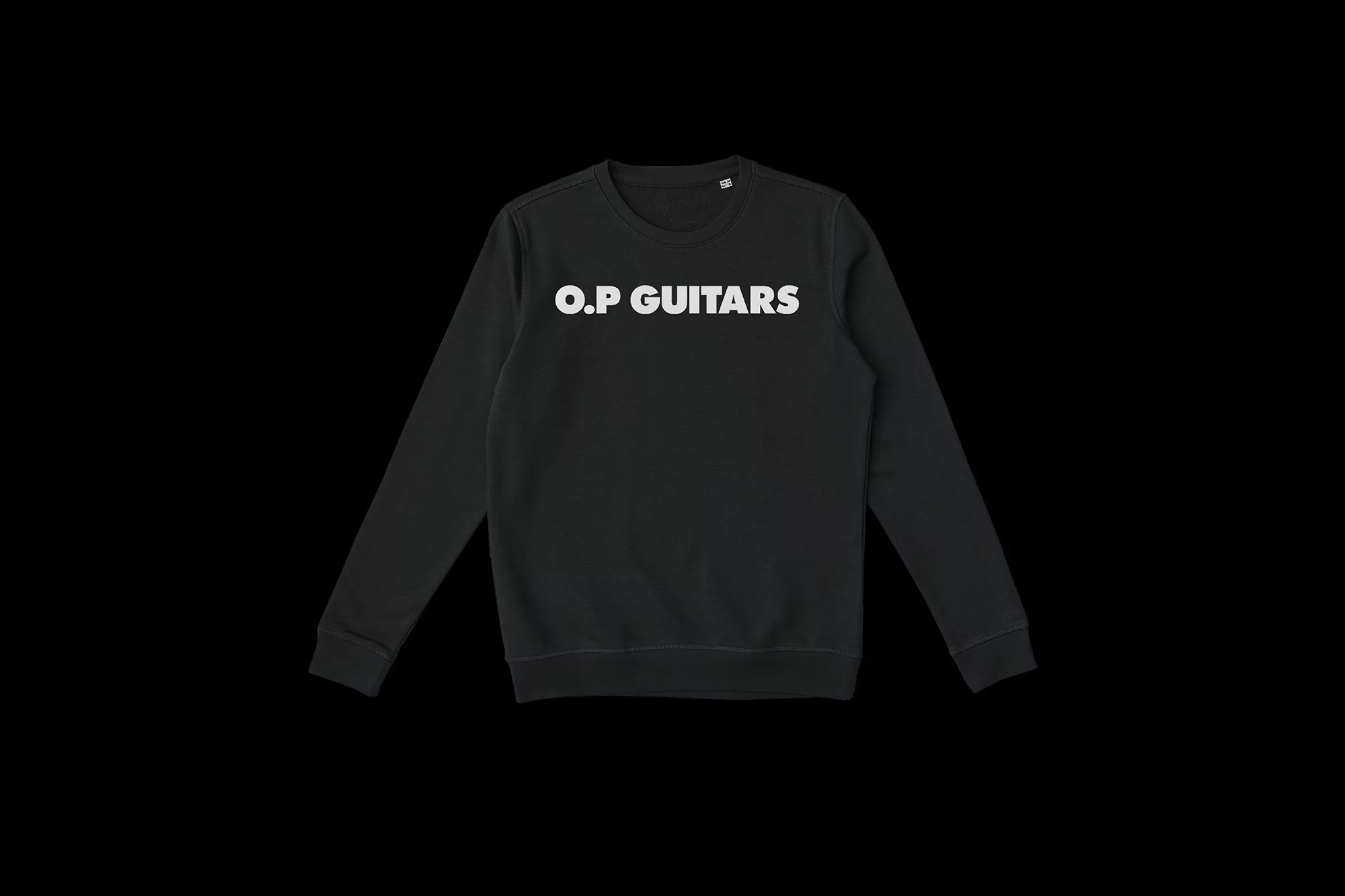 Black long-sleeve shirt with the text O.P. GUITARS printed in white across the chest, presented against a black backdrop.