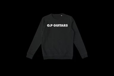 Black crewneck sweatshirt featuring white text spelling O.P Guitars on the chest against a solid black background.