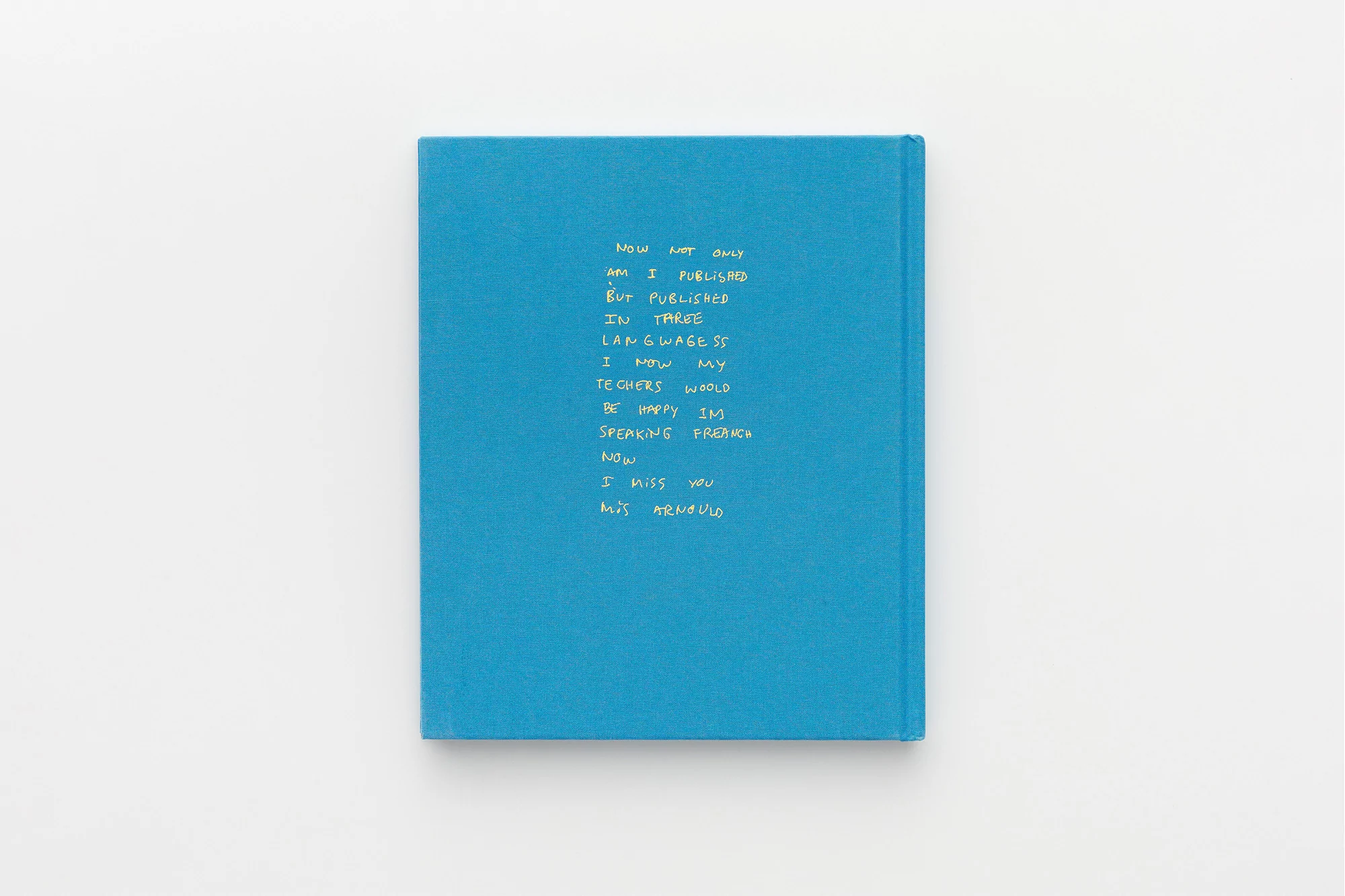 Close-up photo of a blue book with handwritten text on a white surface, showcasing typography and literary elements.