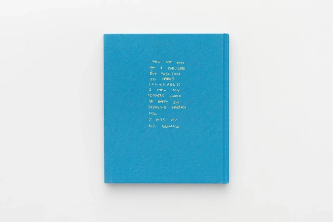 Close-up photo of a blue book with handwritten text on a white surface, showcasing typography and literary elements.