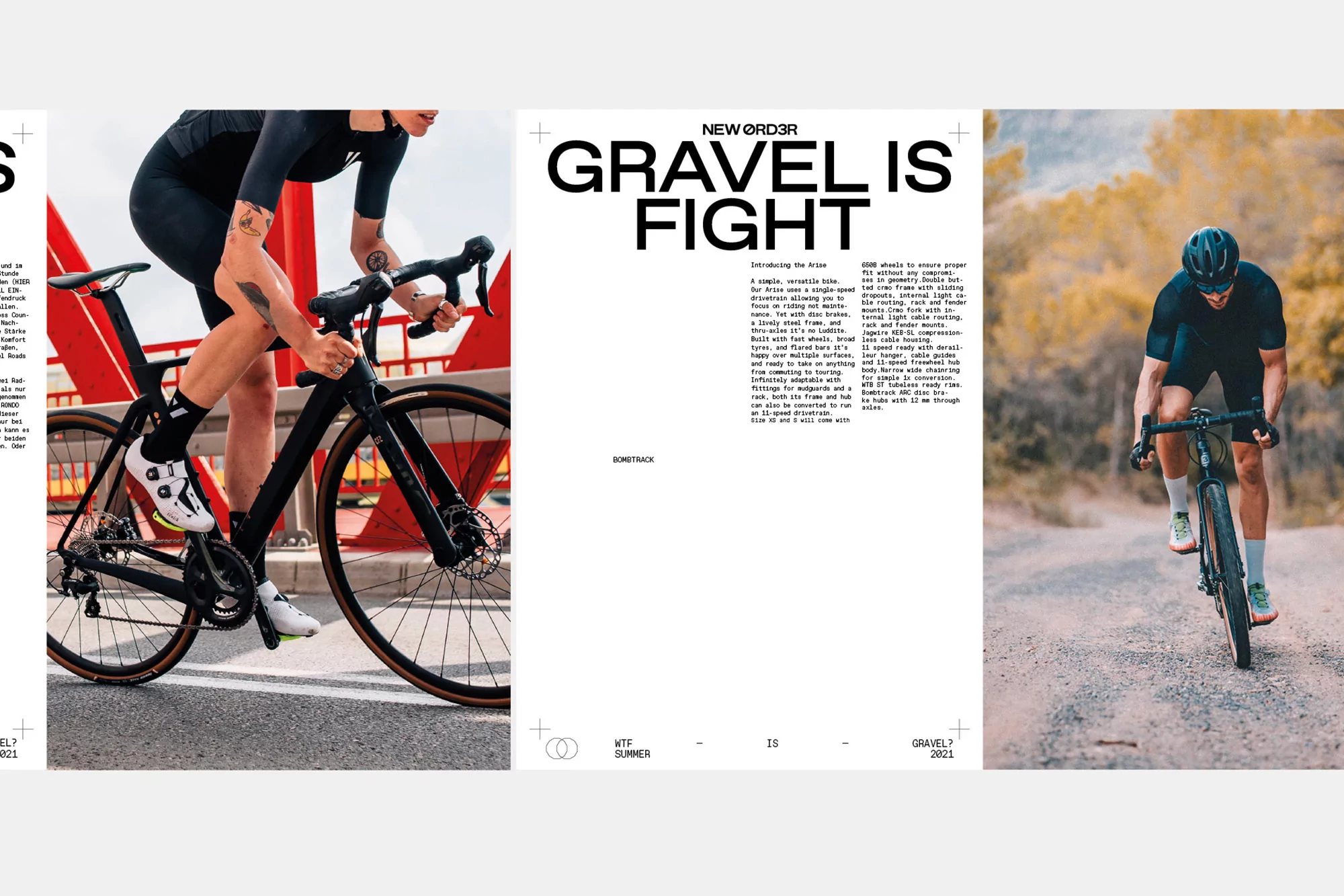 Two athletes are cycling on gravel bikes in an outdoor setting. The images are split by promotional text including 'Gravel is Fight'.