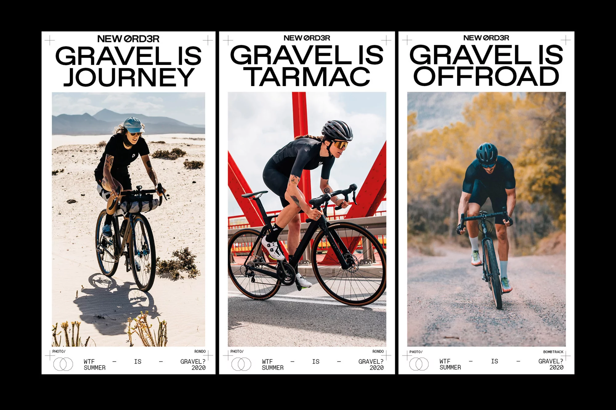 Three cyclists featured in a triptych of images. Each person is on a gravel bike in an outdoor environment in a sporty black outfit.