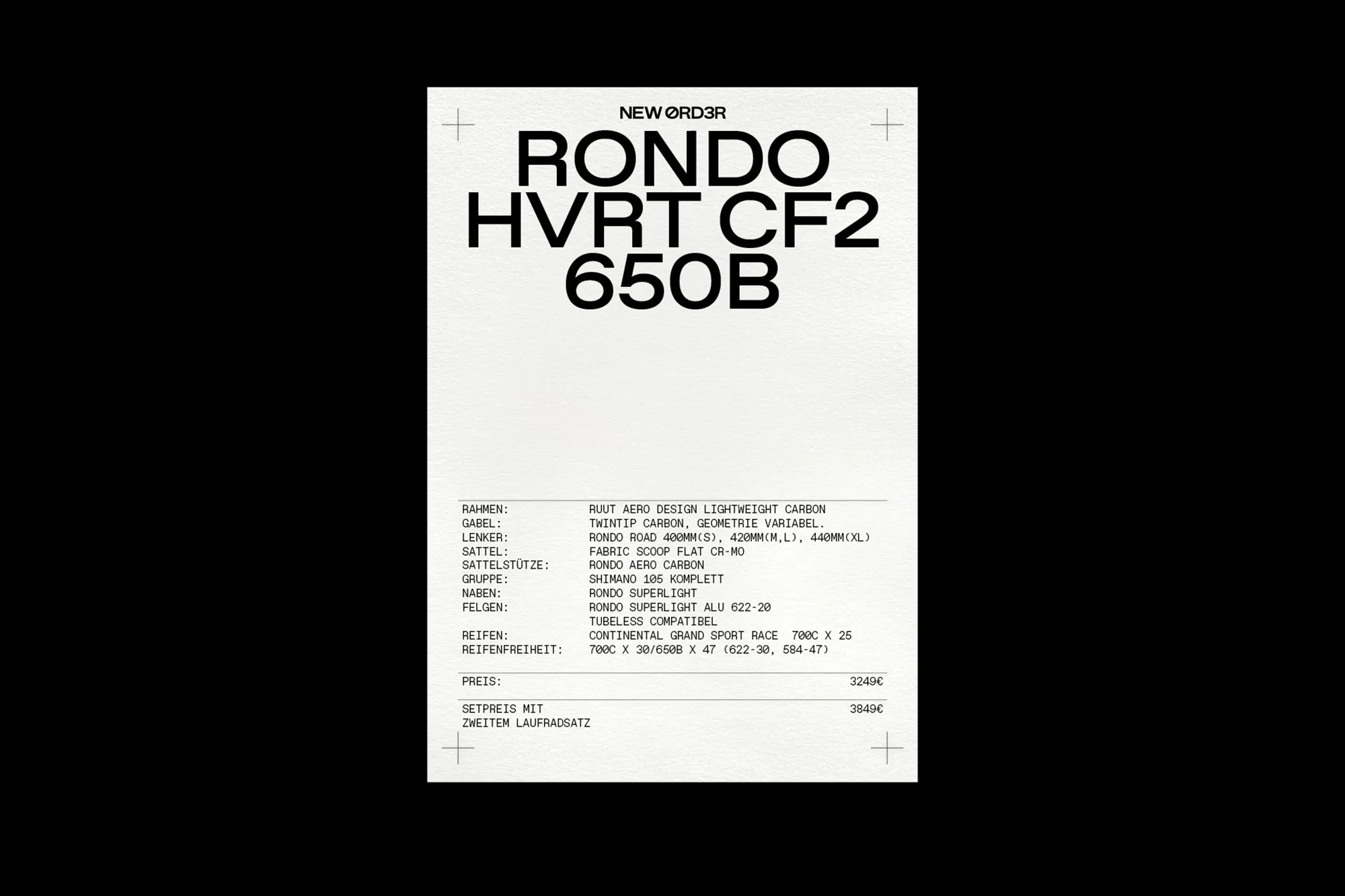 Promotional poster for the Rondo HVRT CF2 650B bicycle model featuring product specifications, prices, and manufacturer's branding.