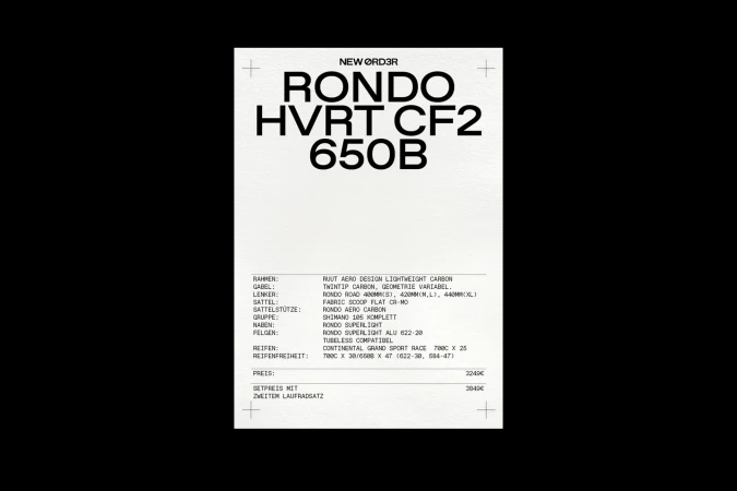 Promotional poster for the Rondo HVRT CF2 650B bicycle model featuring product specifications, prices, and manufacturer's branding.
