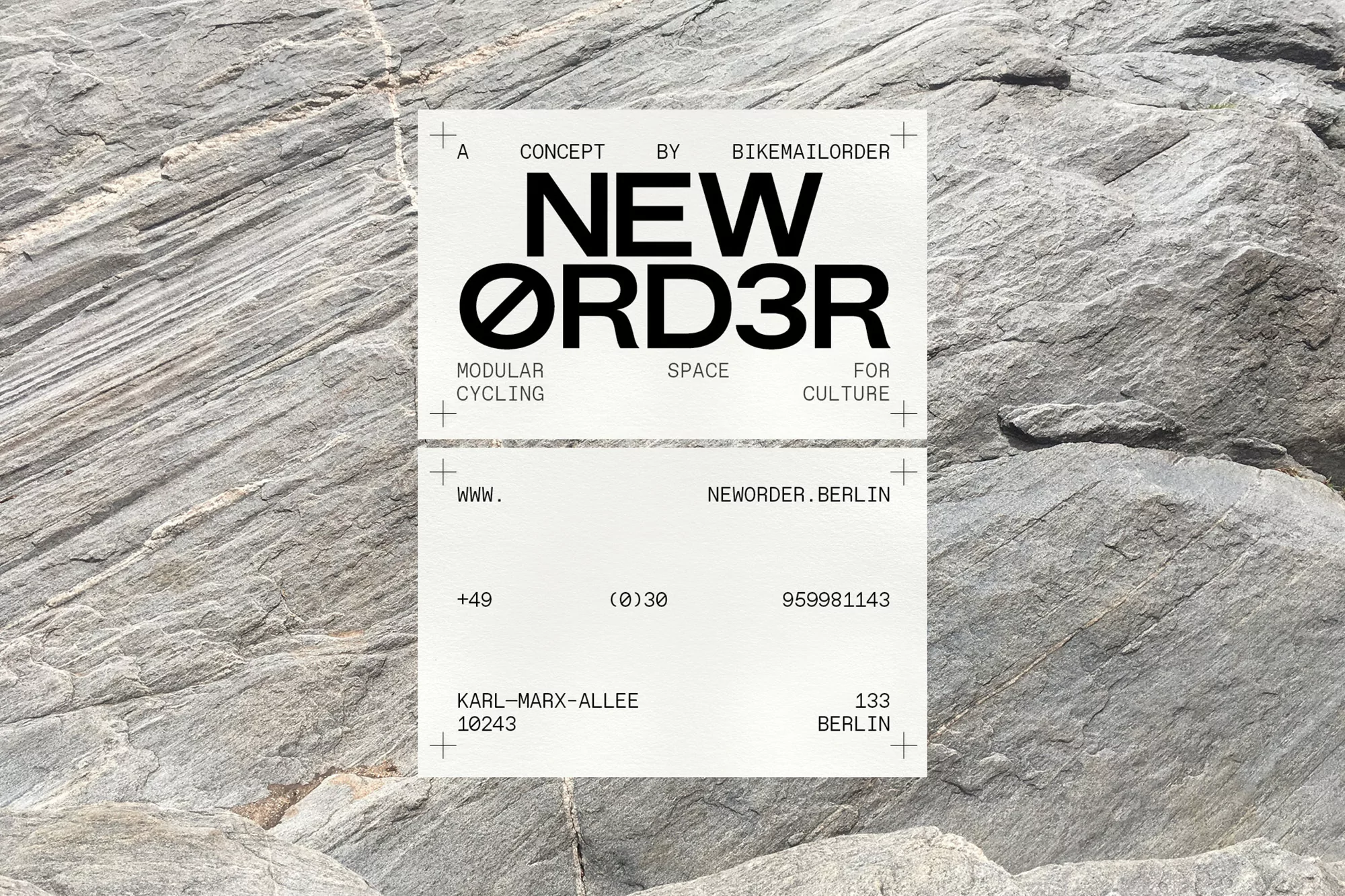 Promotional graphic with the text 'NEW ØRD3R' for Bikemailorder with business information set against a textured rock background.