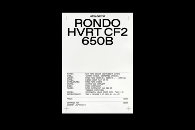 Minimalist black and white typographic product specification poster for the Rondo HVRT CF2 650B bicycle.