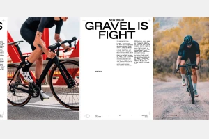 Editorial layout featuring cyclists riding black gravel bikes on a road and a dirt path with bold typography.