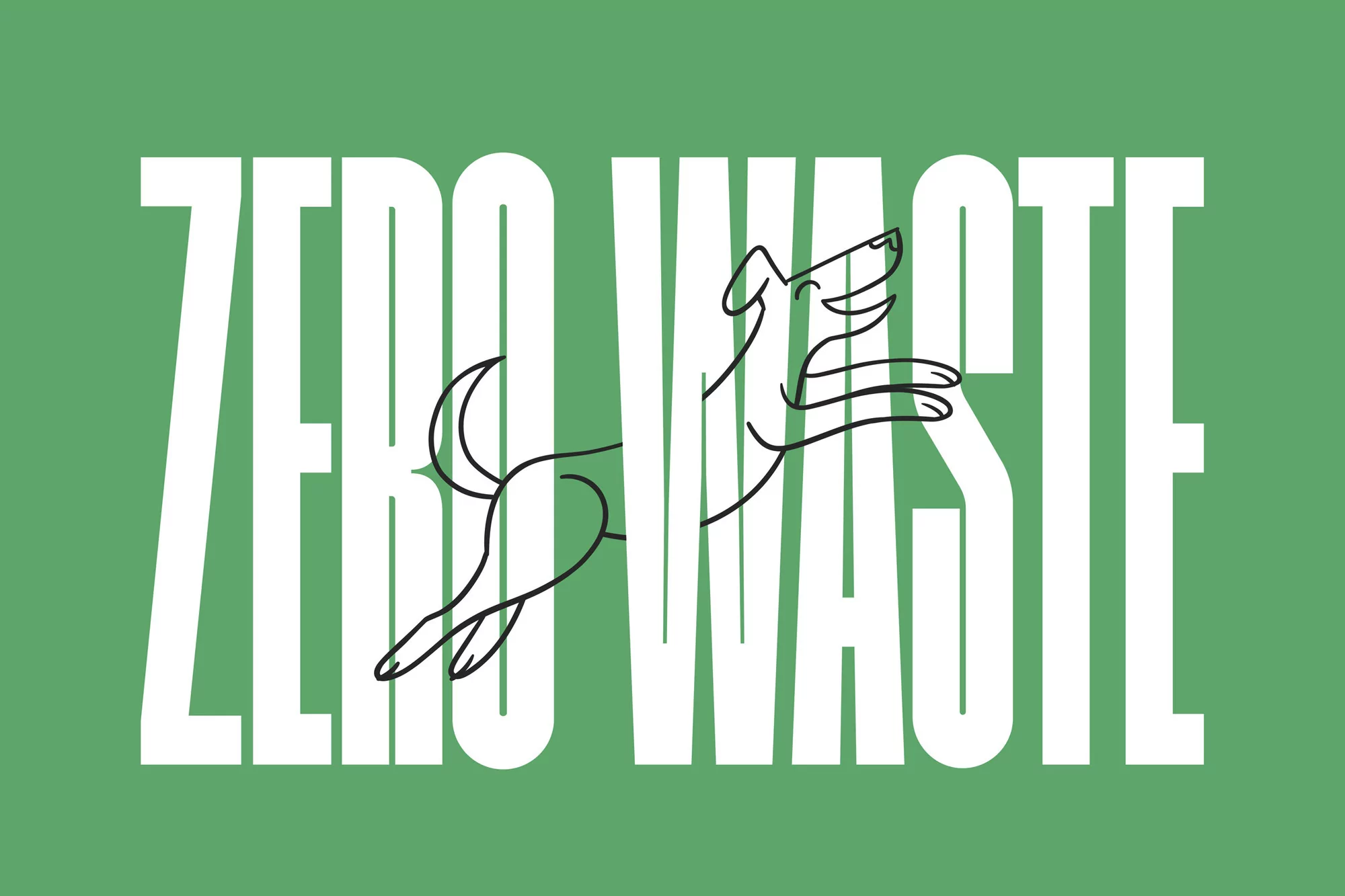 Zero Waste design features a cartoon dog leaping through white sans-serif letters, set against a solid green background, clean vector style.