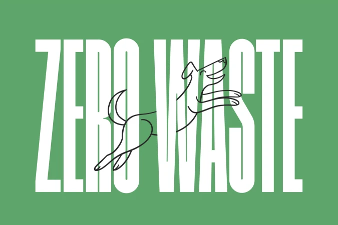 Zero Waste design features a cartoon dog leaping through white sans-serif letters, set against a solid green background, clean vector style.