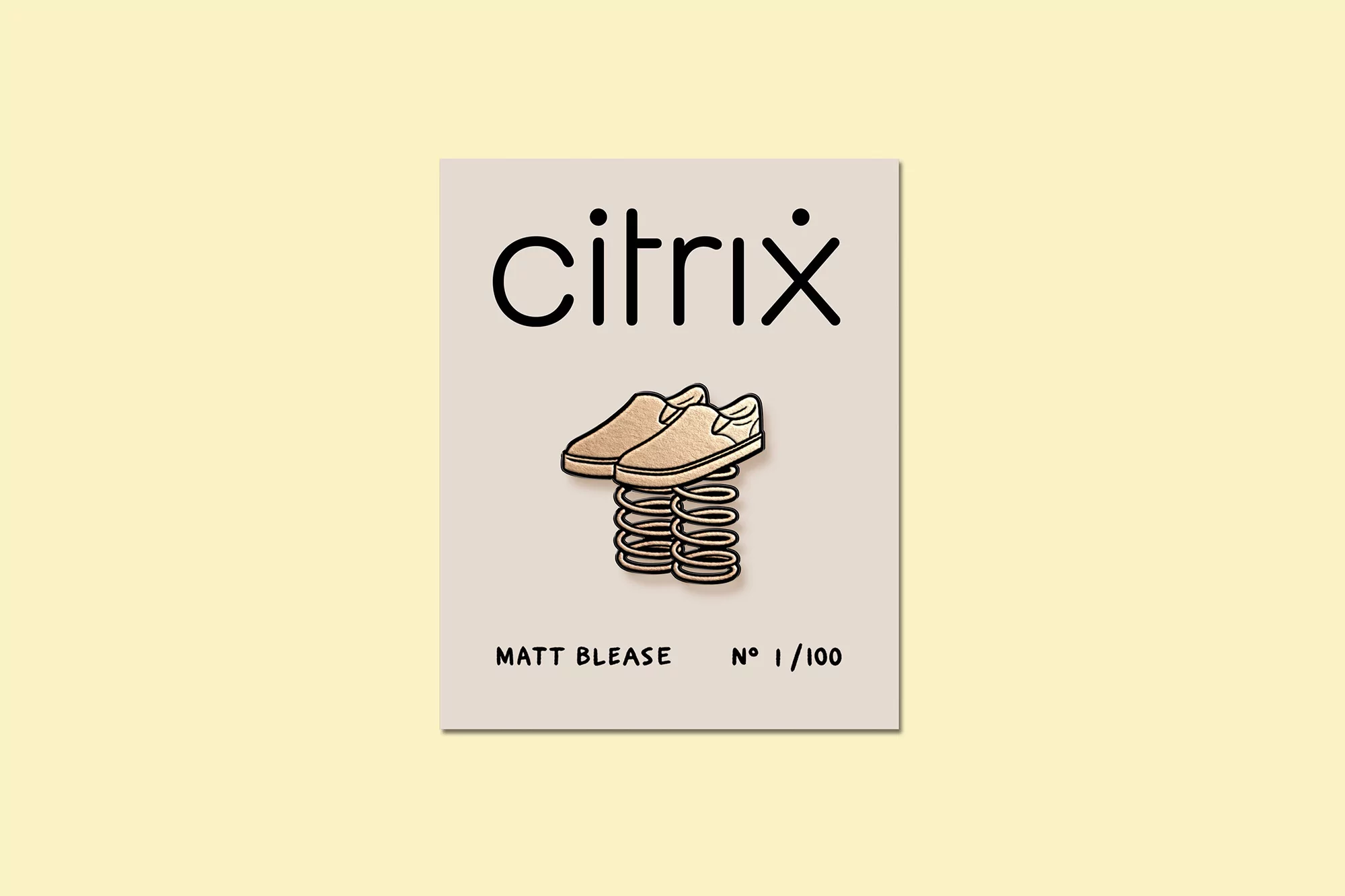 Whimsical art print of tan slip-on shoes balanced on a metal spring, set against a cream background, with 'Citrix' logo above.