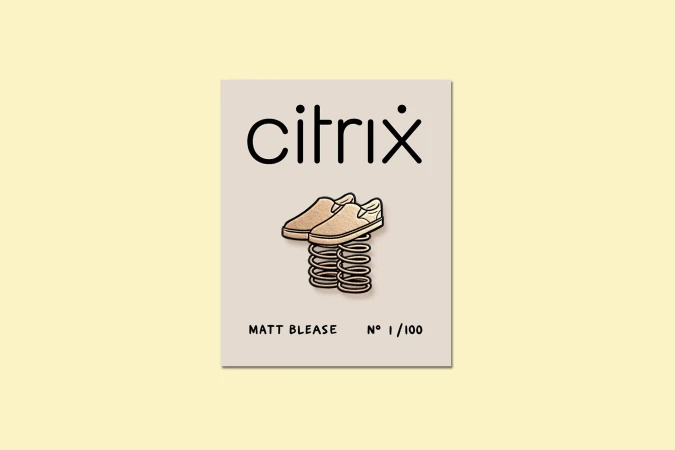 Whimsical art print of tan slip-on shoes balanced on a metal spring, set against a cream background, with 'Citrix' logo above.