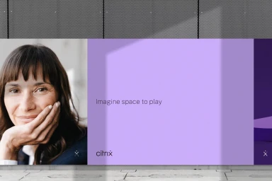 Portrait of a woman resting her hand on her chin alongside purple branding graphics and text for Citrix.