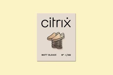 Citrix brand identity illustration by Matt Blease featuring slip-on shoes on coiled springs against a light background
