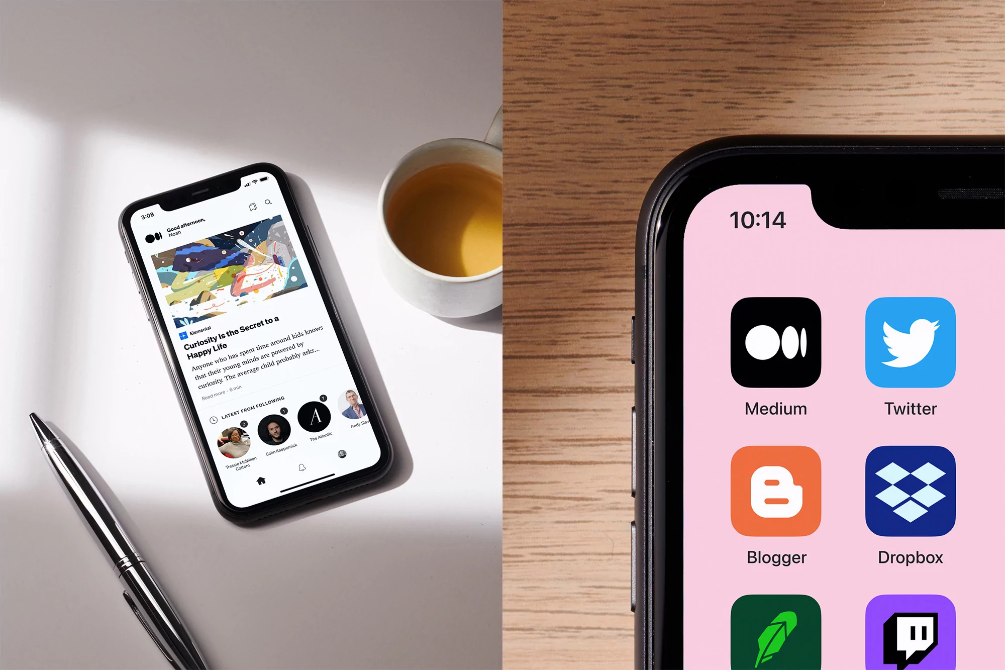 Close-up of an iPhone showcasing social media content and app icons, accompanied by a pen and a warm beverage, set against a clean backdrop.