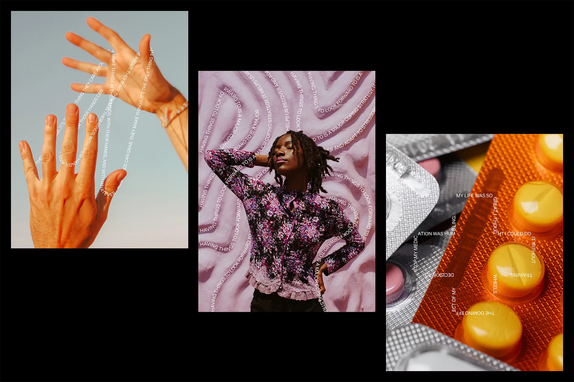 Conceptual composite image with hands, model in patterned top, and blister pack of yellow pills against a black background.